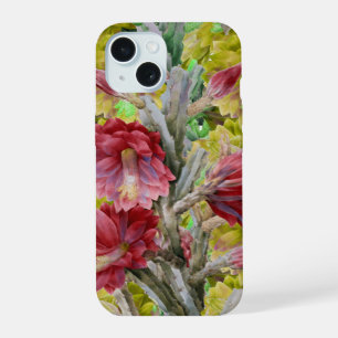 Coque iPhone 15 CACTUS FLEURI, FLEURS ROUGES ROSE JAUNE Floral
