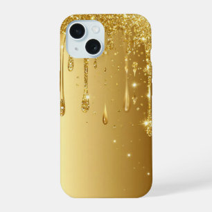 Coque iPhone 15 Cadeau de goutte de paillettes d'or scintillant de