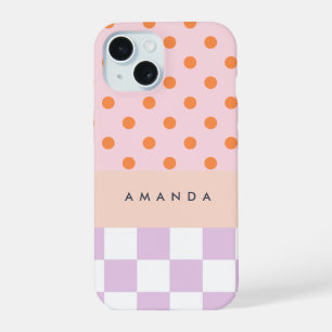 Coque iPhone 15 Cadeaux personnalisés Pastel pois à carreaux lilas