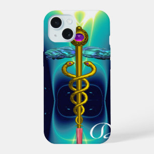 Coque iPhone 15 CADEUCÉE MÉDICAL MONOGRAMME OR, Bleu sarcelle aqua