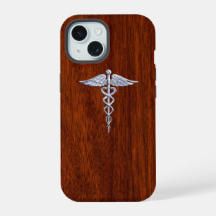 Coque iPhone 15 Caducée de style acajou chromé symbole médical