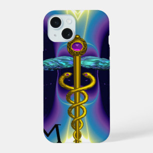Coque iPhone 15 CADUCÉE MÉDICAL EN OR SYMBOLE ,Monogramme bleu vio