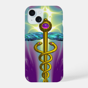 Coque iPhone 15 CADUCÉE MÉDICAL EN OR, Vert sarcelle Violet