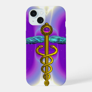Coque iPhone 15 CADUCÉE MÉDICAL EN OR ,Violet Pourpre