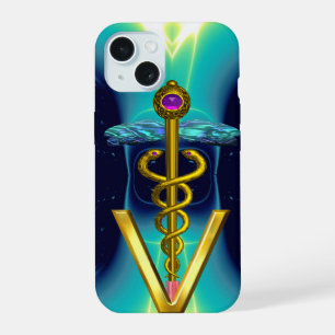 Coque iPhone 15 CADUCÉE VÉTÉRINAIRE DORÉ SYMBOLE / Bleu sarcelle