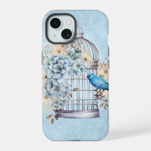 Coque iPhone 15 Cage à oiseaux floral aquarelle vintage romantique