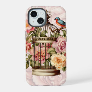 Coque iPhone 15 Cage à oiseaux floral aquarelle vintage romantique