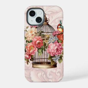 Coque iPhone 15 Cage à oiseaux floral aquarelle vintage romantique