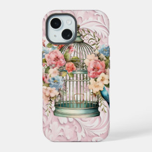Coque iPhone 15 Cage à oiseaux floral aquarelle vintage romantique