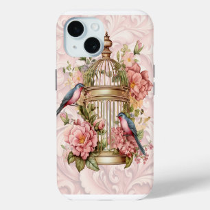 Coque iPhone 15 Cage à oiseaux Floral Vintage Romantique Aquarelle