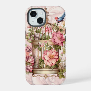 Coque iPhone 15 Cage à oiseaux Floral Vintage Romantique Aquarelle
