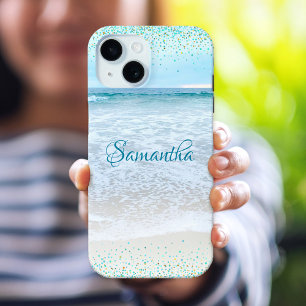 Coque iPhone 15 California Ocean Beach Blue Gold Confetti Custom