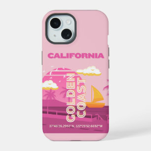 Coque iPhone 15 Californie, Art du voyage, Preppy, rose