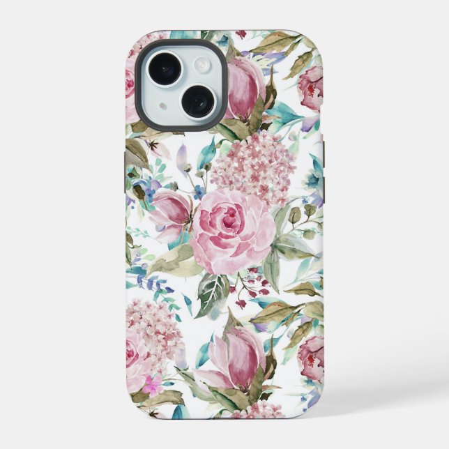 Coque iPhone 15 Campagne Chic Vintage Rose Sarcelle Lavande Floral (Verso)