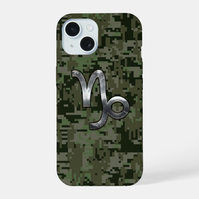 Coque iPhone 15 Capricorn Zodiac Connexion vert olive camo numériq (Verso)