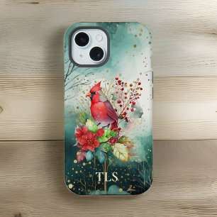 Coque iPhone 15 Cardinal rouge et baies dans une forêt verte - Ini