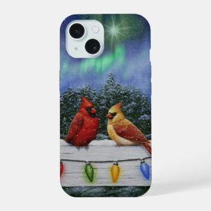 Coque iPhone 15 Cardinaux et lumières de Noël Neige d'hiver