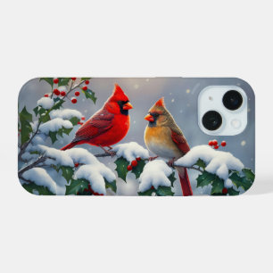 Coque iPhone 15 Cardinaux rouges et houx dans la neige