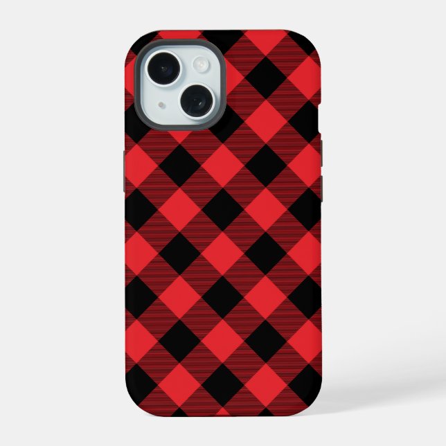 Coque iPhone 15 Carreaux Rouge Noir Buffalo (Verso)
