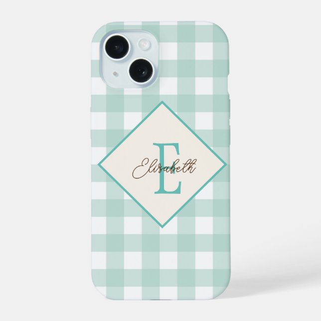Coque iPhone 15 Carreaux verts, monogramme (Verso)