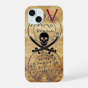 COQUE iPhone 15 CARTE AU TRÉSOR DE PIRATES ANTIQUES , CRÂNE ET ÉPÉ