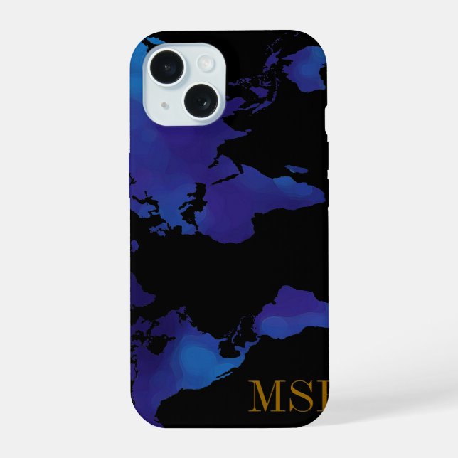 Coque iPhone 15 carte bleue du monde avec initiales (Verso)