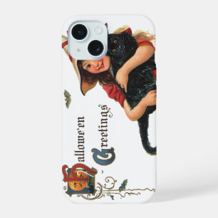 Coque iPhone 15 Cartes de vœux Halloween vintage, enfant sorcière 