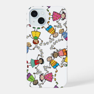 Coque iPhone 15 Cartoon mignonne de heureux amis enfants dans le m