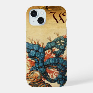 COQUE iPhone 15 CASQUE DE CHEVALIER ANTIQUE AUX FEUILLES BLEU ROUG