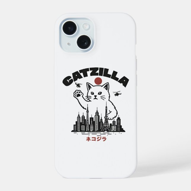 Coque iPhone 15 Catzilla – Parodie drôle de Godzilla avec un chat  (Verso)