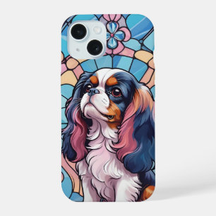 Coque iPhone 15 Cavalier King Charles Couleurs Pastel Vitrail
