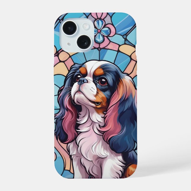 Coque iPhone 15 Cavalier King Charles Couleurs Pastel Vitrail (Verso)