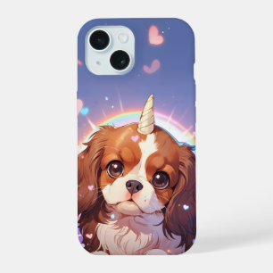 Coque iPhone 15 Cavalier King Charles Licorne Pastel Ciel Arc-en-c