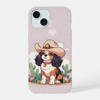 Coque iPhone 15 Cavalier King Charles pastel rose cowboy