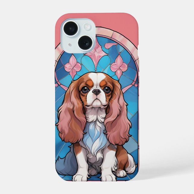 Coque iPhone 15 Cavalier King Charles Pastel Vitrail rose (Verso)