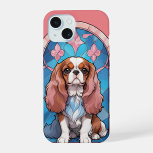 Coque iPhone 15 Cavalier King Charles Rose Pâle Vitrail