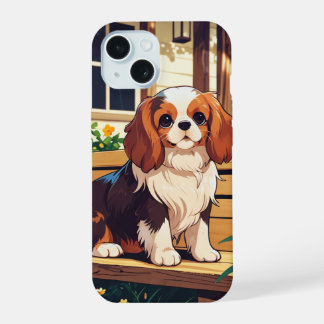 Coque iPhone 15 Cavalier King Charles sur un banc