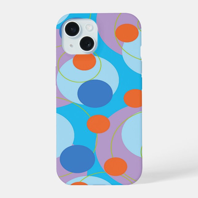 Coque iPhone 15 Cercles Rétro Pop Bleu & Points Orange Funky Groov (Verso)