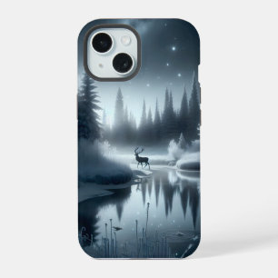 Coque iPhone 15 Cerf dans une rivière hivernale la nuit