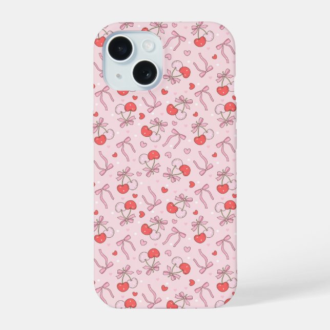 Coque iPhone 15 Cerise mignonne et bow (Verso)