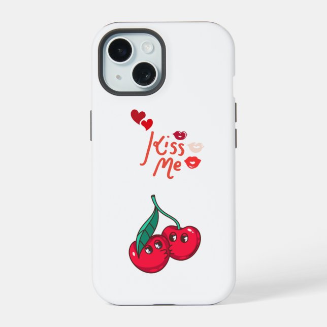 Coque iPhone 15 Cerises drôles amoureuses. (Verso)