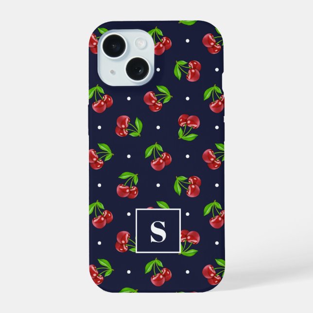 Coque iPhone 15 Cerises Jolies à Points sur Monogramme Navy (Verso)