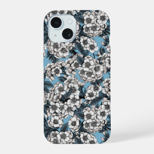 Coque iPhone 15 Cerisier en fleurs en blanc et bleu