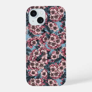 Coque iPhone 15 Cerisier en fleurs rose et bleu