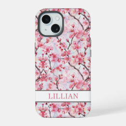 Coque iPhone 15 Cerisiers Fleuris Sakura Monogrammés