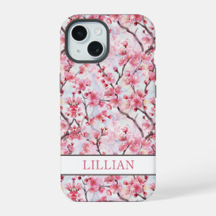 Coque iPhone 15 Cerisiers Fleuris Sakura Monogrammés