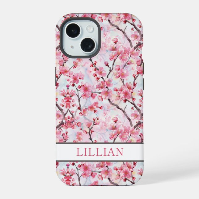 Coque iPhone 15 Cerisiers Fleuris Sakura Monogrammés (Verso)