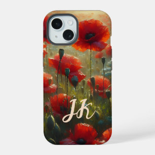 Coque iPhone 15 Champ de coquelicots rouges jolis avec monogramme