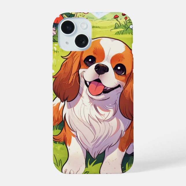 Coque iPhone 15 Champ de fleurs Cavalier King Charles Pastel (Verso)
