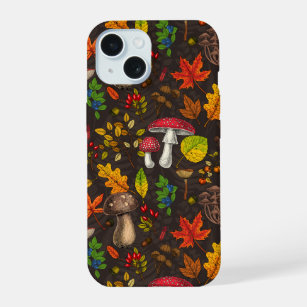Coque iPhone 15 Champignons d'automne, feuilles, noix et baies sur